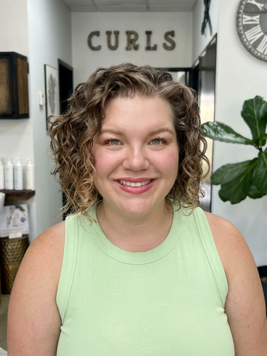 Deanna Holper, curly hair specialist at A Curl’s Best Friend, smiling in the salon